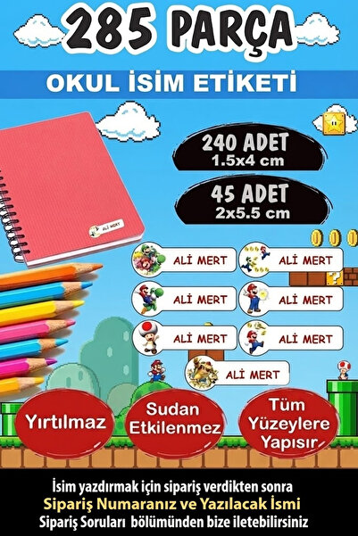 Kt Grup Okul Etiketi Kalem Defter Etiketi Süper mario Temalı Özel Isimli Etik...