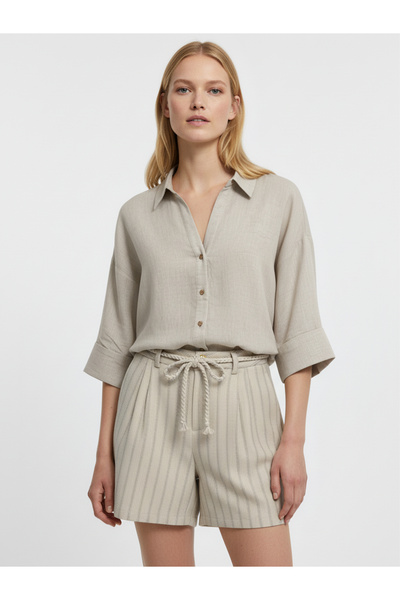 Xint Kadın Naturel %100 Keten Oversize Gömlek