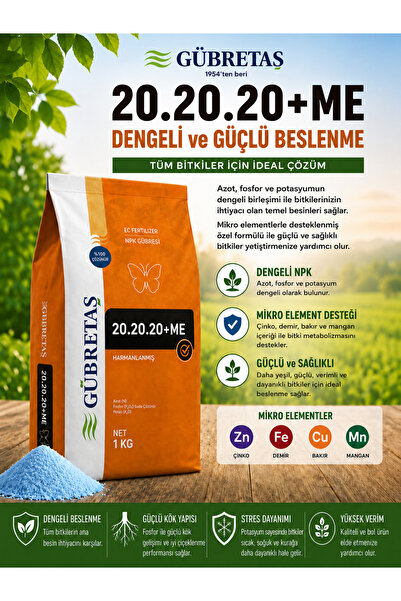 GÜBRETAŞ 20.20.20 NPK Gübresi 1 KG Azot, Fosfor, Potasyum+Me