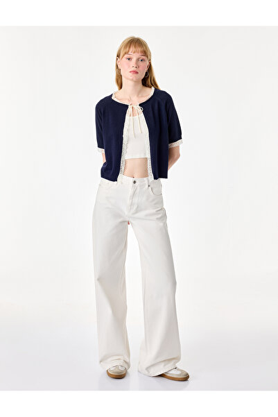 Koton Short Sleeve Crew Neck Lace Detailed Lace-Up Knitwear Cardigan
