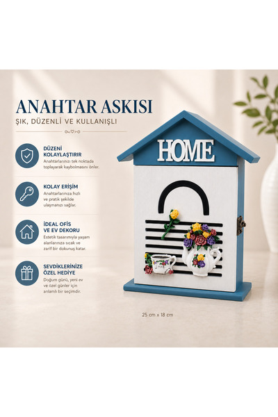 e-life shop Ahşap Home Sweet Home Anahtar Askısı Çiçek Detaylı Duvar Organize...