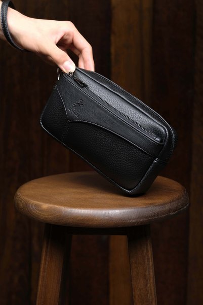 en deri Men's Black Card Holder Luxury Portfolio Handbag with Belt