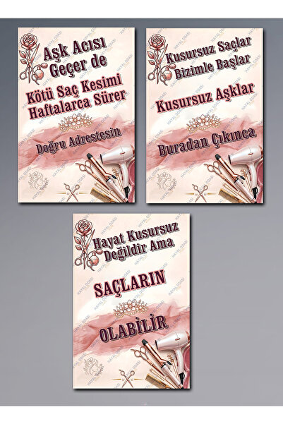 HAYAL ODASI STORE 3'lü Kuaför Ve Güzellik Salonu Ahşap Mdf Tablo Seti Dekorat...