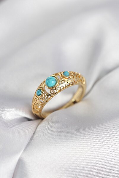 Inure Jewelry خاتم نسائي عتيق الطراز مصنوع من الحجر الأزرق واللون الذهبي