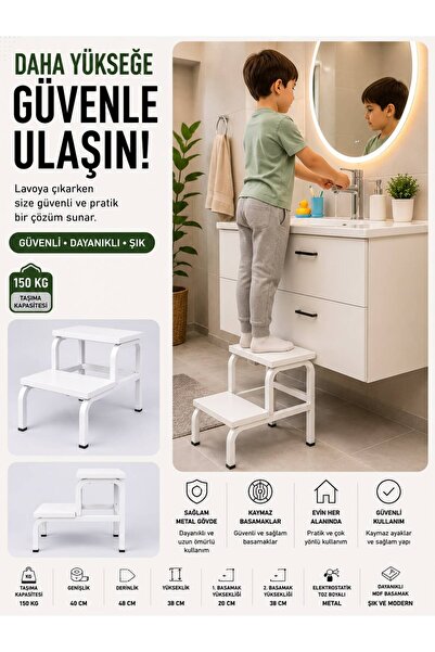 Kaan 2 Basamaklı Metal Gövde Ahşap Basamak- Tabure Çocuk Banyo Wc Lavabo Merd...