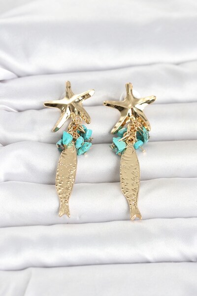 Inure Jewelry أقراط نسائية باللون الذهبي مع تفاصيل نجم البحر والسمكة من الحجر...