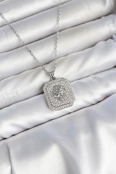 Inure Jewelry 316L Steel Chain Silver Lion Medallion Model Zircon Stone Women...
