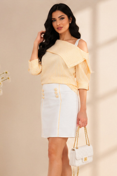 FIRST STYLE Elegant Turkish Tayor Set with White and Yellow Striped Blouse in...
