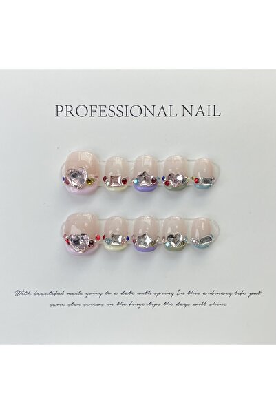 LoreaNails Rengarenk Kristal Taşlı Kısa Oval El Yapımı Takma Tırnak S