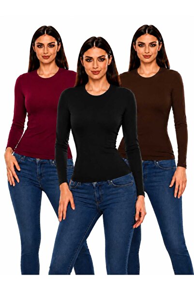 ROKİDS Women's 3-Piece Crew Neck Long Sleeve Lycra Hijab Combed Cotton Bodysuit