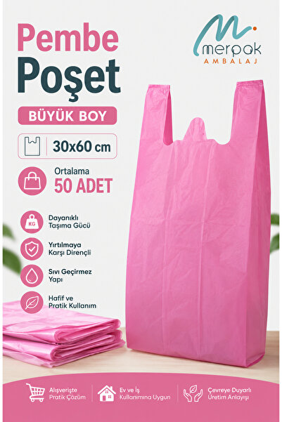 Merpak Ambalaj Kalın Pembe Poşet 30x60 Cm Büyük Boy 1 Kg Hışır Atlet Poşet Ma...