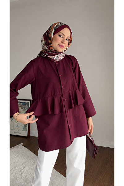 RFK Butik Kadın Alerli Seyyar Kemerli Poplin Gömlek Tunik - Bordo