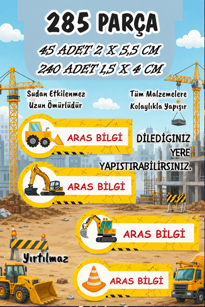 Kt Grup Okul Etiketi Inşaat Makineleri Kalem Defter Etiketi Özel Isimli Etike...