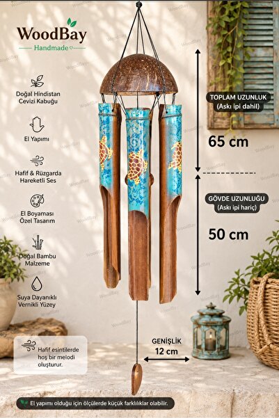 WoodBay Feng Shui Coconut Bambu Rüzgar Çanı El Boyaması Kaplumbağa Desenli Hi...