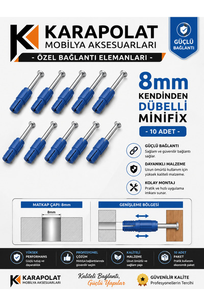 KARAPOLAT Minifix Mili Kendinden Dübelli 8mm / 10mm (10 ADET)
