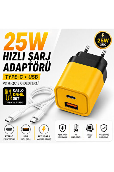 SMAYLİNG 25W Hızlı Şarj Adaptörü + Type-C to Type-C Kablo Seti | PD & QC 3.0 ...