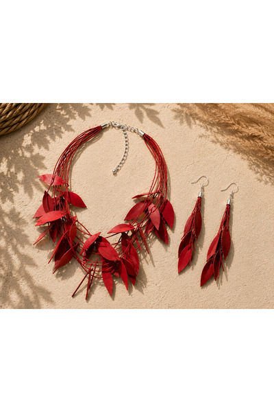 Kutcha Accessories Yaprak Detaylı Bohem Kolye ve Küpe Seti El Yapımı Renkli Kadın Takısı