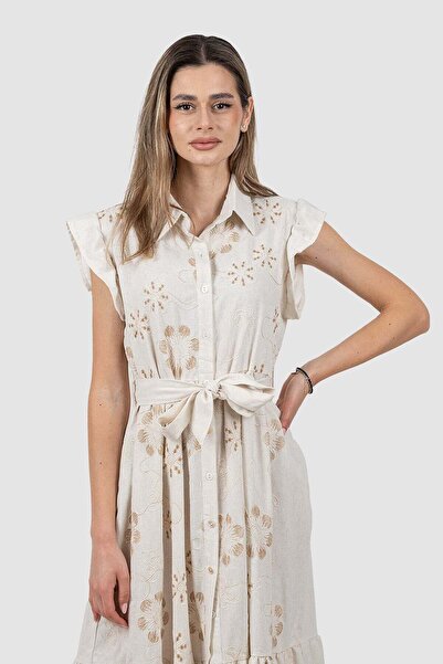 Monico Rochie lungă de vară tip cămașă cu broderie crem