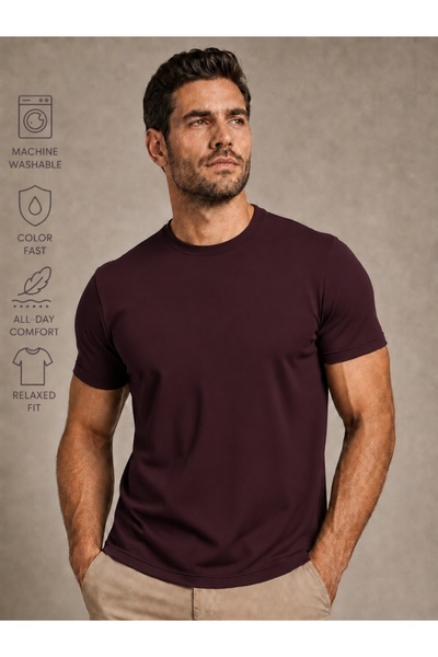 Farne Erkek Bordo Premium Modal Kumaş Bisiklet Yaka Comfort Fit Düz T-Shirt