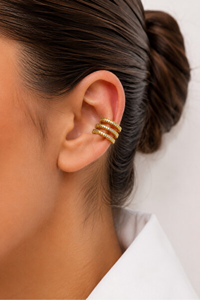 Süspüs Accessories 3 Sıra Zirkon Taşlı Gold Kıkırdak Küpe