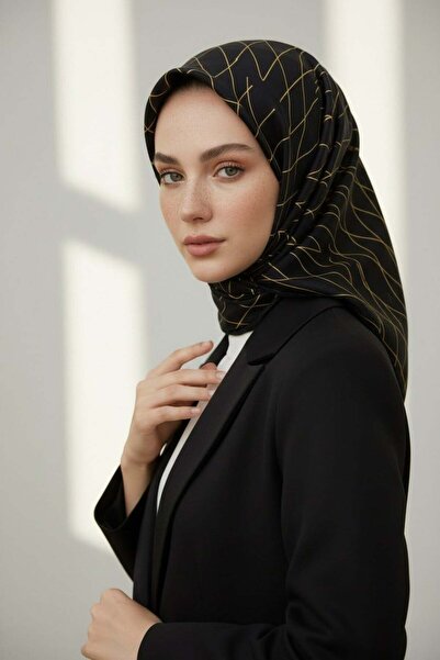 Vissona % 57 İPEK % 43 VİSKON Twill Çizgili Desenli Sarı - Siyah Renkli 90x90...