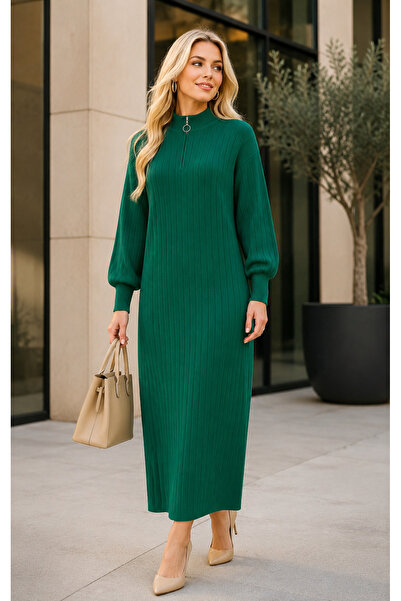 semela (Emerald)Straight-Cut, Pleated, Long Dress with Zipper Detail (130 cm)