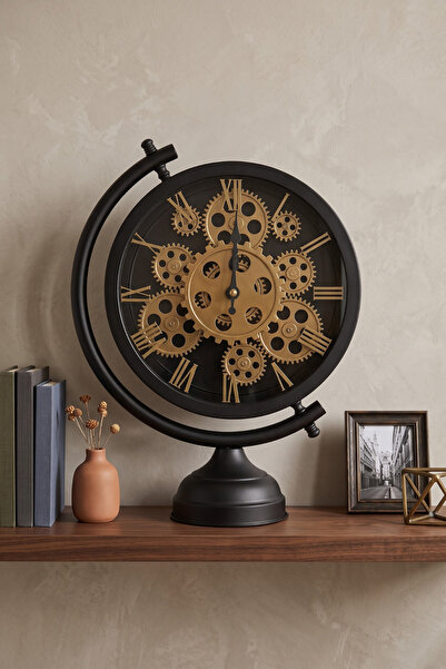 Frapan Home Glx Premium Metal Dekoratif Masa Saati Siyah Gold Hareketli Çarkl...
