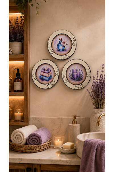 Lotus Vintage Eskitme Görünümlü Lavanta Temalı 3'lü Ahşap Banyo Dekor spa Duv...