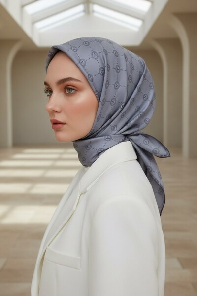 Vissona %100 Twill İpek Monogram Desenli Gri Renkli 90x90 Eşarp Dikim Şekli : El Dikişi