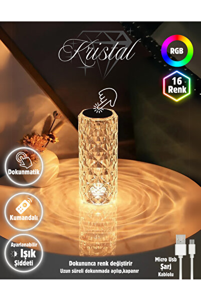 Folveit Kristal Elmas Led Dokunmatik Sensör Usb Şarjlı Masa Lambası RGB Gece ...