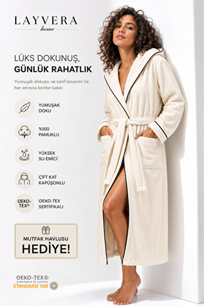 Layvera Unisex Cream Bathrobe 100% Cotton |   High Quality, Hooded and Ribbed