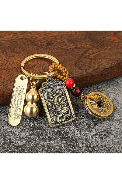 Choice Dragon Chinese Style Zodiac Brass Gourd Five Emperors Money Keychain M...