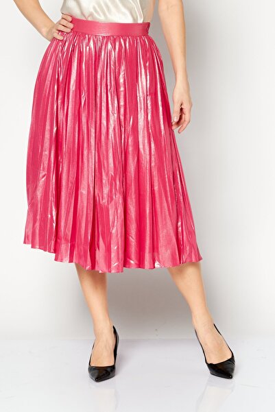 PİNKO Women Pleated Synthetic Leather Midi Skirt, Pink