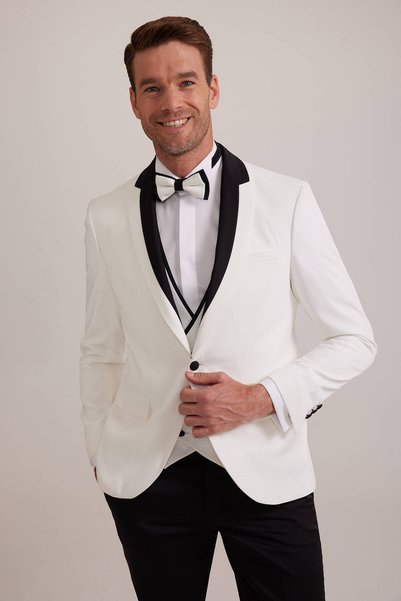 Ysf Erkek Beyaz Çıkma Şal Yaka Slim Fit Damatlık