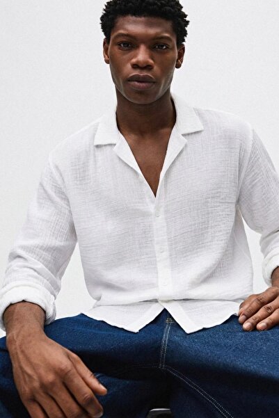 comstar Men's Basic Double Breasted Collar Long Sleeve White Linen Shirt