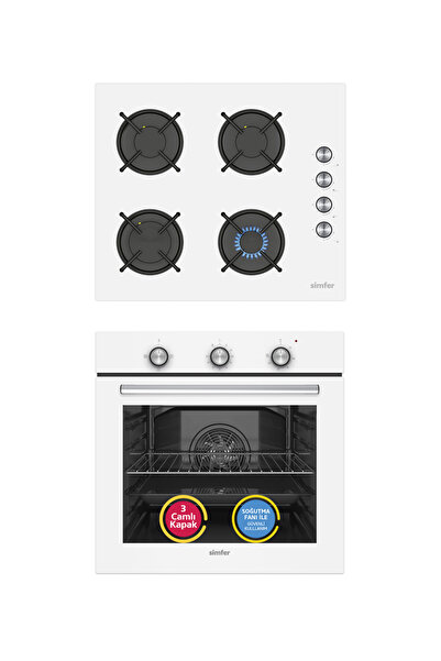 Simfer Ankastre Set Beyaz Cam Ocaklı Mekanik Power Turbo Fanlı 2'li Set (Fırı...