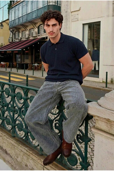 DAMGA JEANS تي شيرت رجالي من القطن المنسوج ذو ياقة بولو باللون الأزرق الداكن
