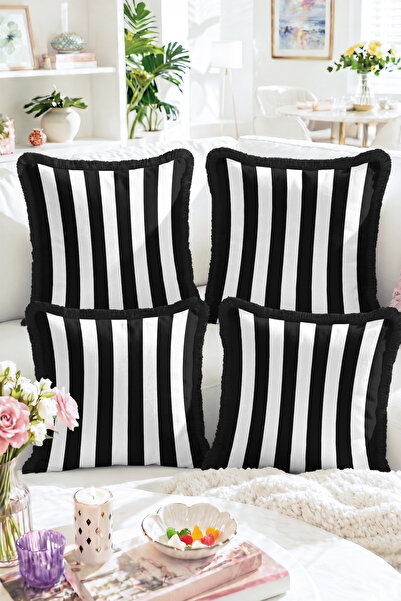 Realhomes Black and White Vertical Striped Modern 4-Piece Fringed Throw Pillo...