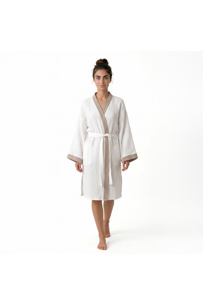 Home Harmony Colorful Collar Kimono 4 Layer Muslin Bathrobe