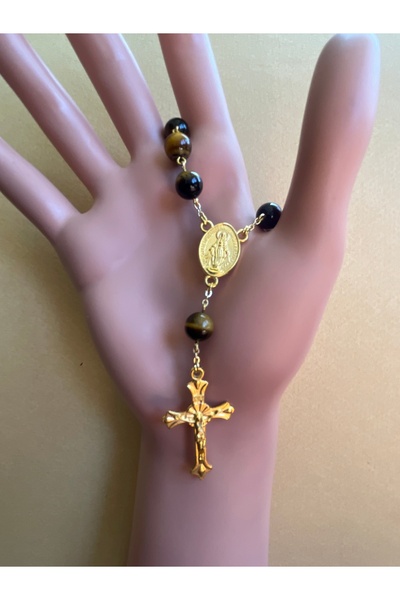 Yada Unique 8 mm Doğal Kaplan Gözü Taşı Katolik Mini Hrıstiyan Rosary Tesbih