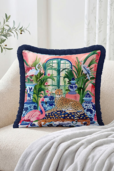 Realhomes Blue and White Tile Vase Patterned Fringed Throw Pillow Cover with ...