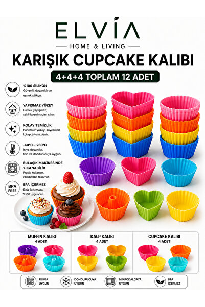 ELVIA SİLİKON Silikon Karışık Mini Kek Kalıbı, Muffin + Kalp + Cupcake Kalıbı...