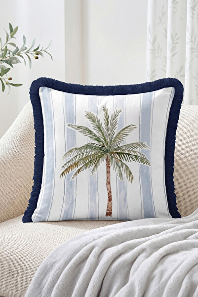 Realhomes Striped Modern Fringed Throw Pillow Cover with Tropical Palm Tree F...
