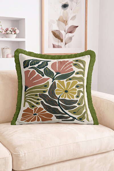 Realhomes Green Framed Fringed Throw Pillow Cover with Large Floral and Leaf ...