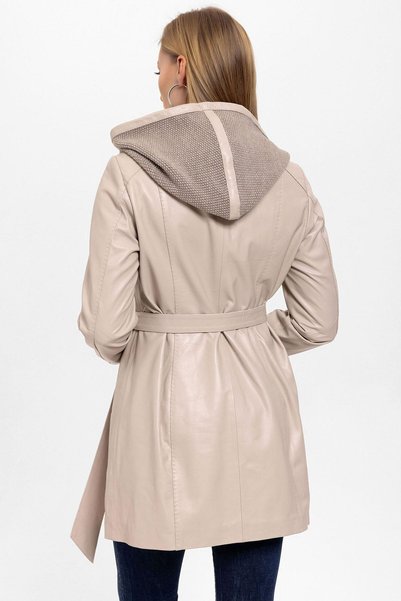 Deriderim Beige Julia Knitwear Hooded Belted Genuine Women's Leather Coat