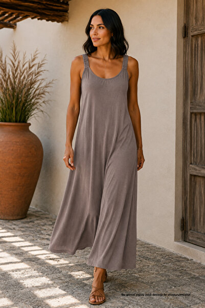Rhen Store Taş Büzgü Askılı Dökümlü Maxi Elbise