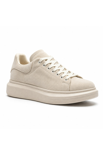 BESKAR Cream Suede Thick High-Top Men's Shoes - Lace-Up Height-Increasing Com...