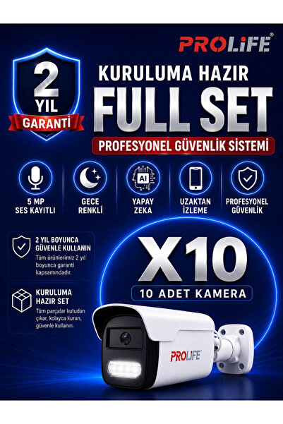 PROLİFE 10 LU Ses Kayıtlı Güvenlik Kamerası 5 Mp Gece Renkli Yüz Ve Araç Tanı...