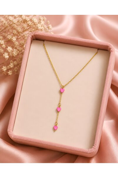 Madam Bikan Gold Color Pink 3-Piece Heart Y Necklace