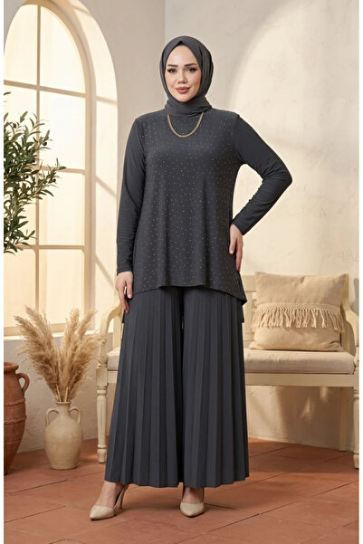 sefamerve Sandy Kumaş Bluz Pantolon Tesettür ikili Takım 5632-02 Füme